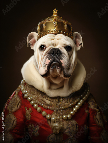 Funny Dog Royal Portrait of a white bulldog. Generative AI.