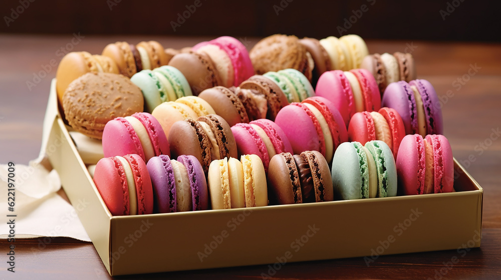 A variety of macarons with their pastel hues and smooth textures. Generative AI A variety of macarons with their pastel hues and smooth textures. Generative AI