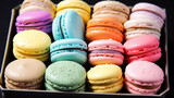 A variety of macarons with their pastel hues and smooth textures. Generative AI