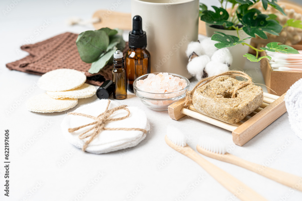 Fototapeta premium Natural bathroom and home spa tools. Zero waste sustainable lifestyle concept. Bamboo toothbrush, natural shampoo, cotton pads, homemade DIY beauty products in reusable bottles on white background.
