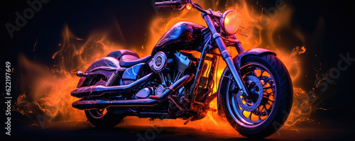 Burning motorcycle in dark background, generative ai