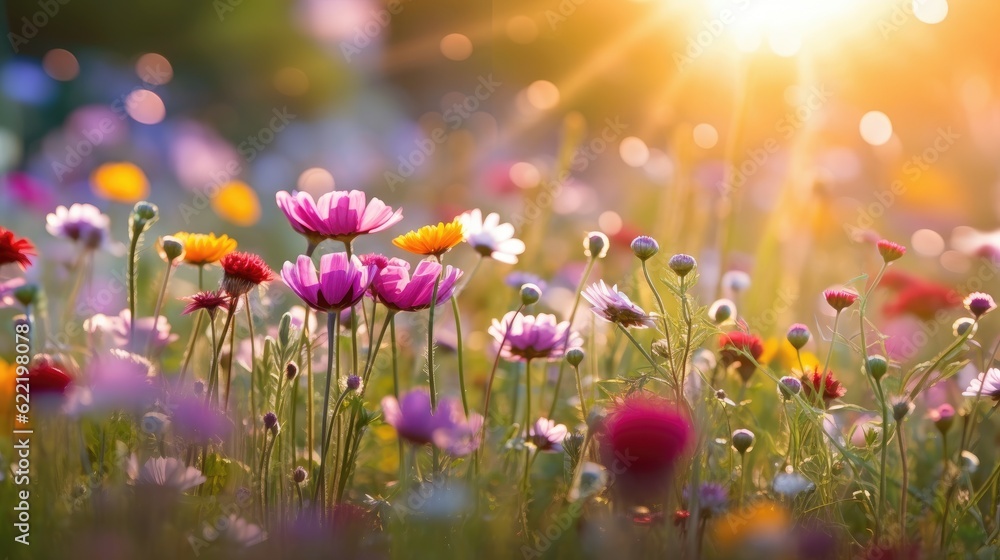 Colorful flower meadow with sunbeams and bokeh lights in summer - nature background banner with copy space - summer greeting card wildflowers spring concept.