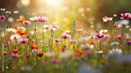 Colorful flower meadow with sunbeams and bokeh lights in summer - nature background banner with copy space - summer greeting card wildflowers spring concept. © radekcho