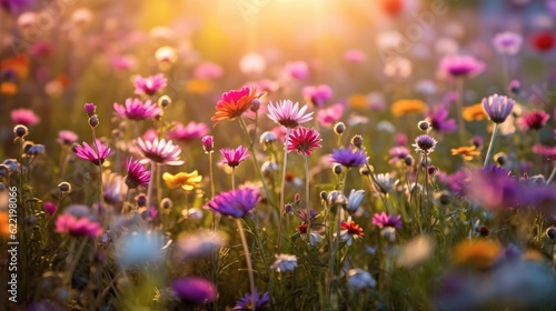Colorful flower meadow with sunbeams and bokeh lights in summer - nature background banner with copy space - summer greeting card wildflowers spring concept. © radekcho