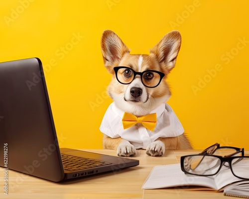 Cute corgi dog looking at laptop in glasses on yellow background. Created with Generative AI technology.