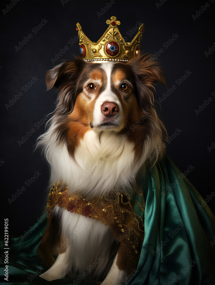 Funny Dog Royal Portrait of Australian Shepherd. Generative AI.