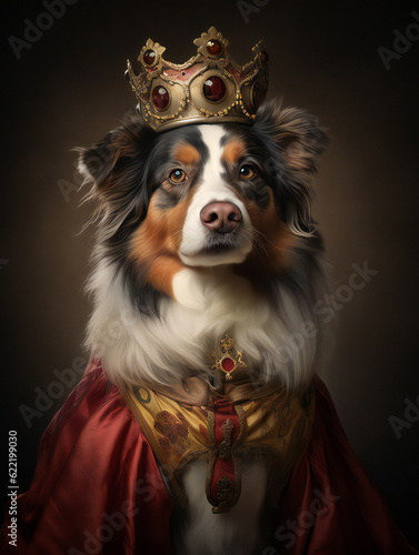 Funny Dog Royal Portrait of Australian Shepherd. Generative AI.