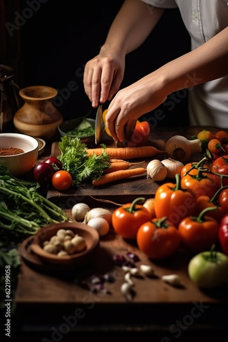 A chef in a hotel or restaurant kitchen cooking, hands only. Vegetables, greens, tomatoes on table on wooden boards. Ingredients for preparing italian or french food. Lifestyle moment. Generative ai.