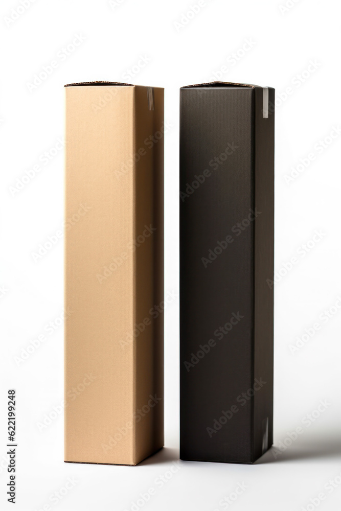 mock-up of two cardboard rectangular packaging boxes, on a light background. Generative AI mock-up of two cardboard rectangular packaging boxes, on a light background. Generative AI