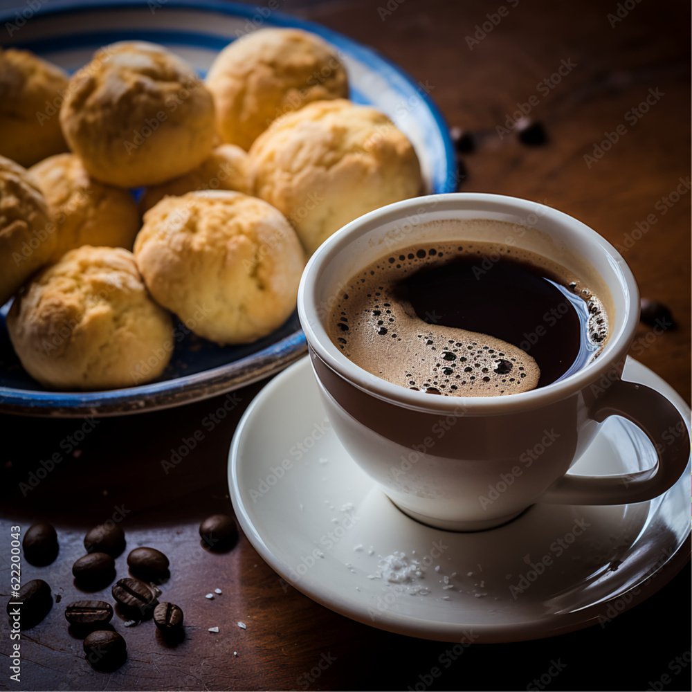 cup of coffee brazilian style, with pao de queijo. cup of coffee brazilian style, with pao de queijo.