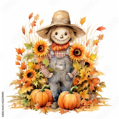 cheerful cute scarecrow surounded by sunflowers and pumpkins - illustration crea Fototapet