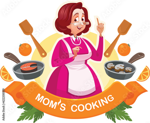 Mom teaches to cook. Kitchen symbol suitable for cafe and restaurant. Emblem depicting a cute woman surrounded by groceries teaching how to cook. Vector illustration. Cartoon style