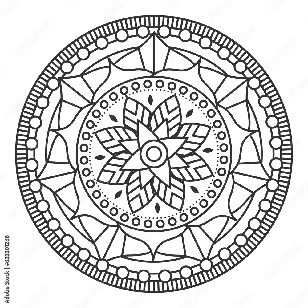 Monochrome mandala ornament outline pattern. Indian geometric art graphic for meditation. 