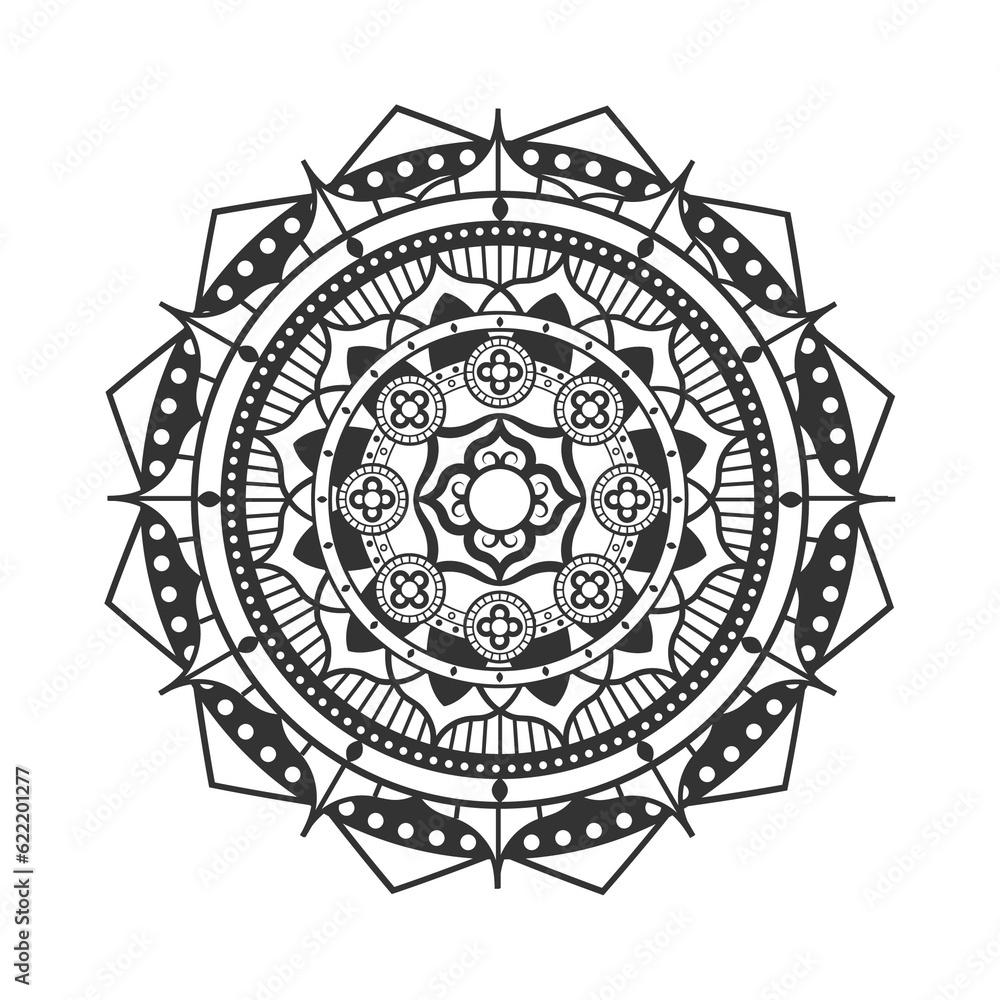 Monochrome mandala ornament outline pattern. Indian geometric art graphic for meditation. 