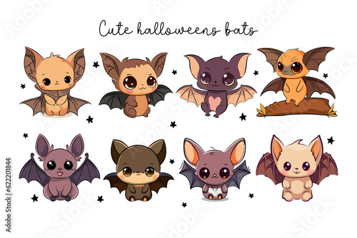 Cute halloween spooky baby bats collection. Vector illustration.