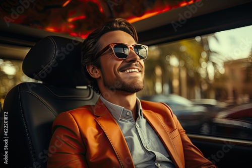 Cheerful young man in orange jacket and sunglasses smiling while driving a car © ttonaorh