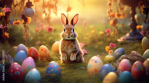 A rabbit sitting in a pile of eggs,  Generative AI © Picture Paradise