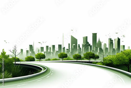 City scape with road and green trees 