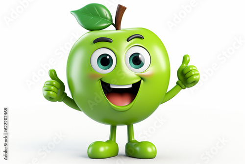 3d green apple cartoon character with thumbs up pose