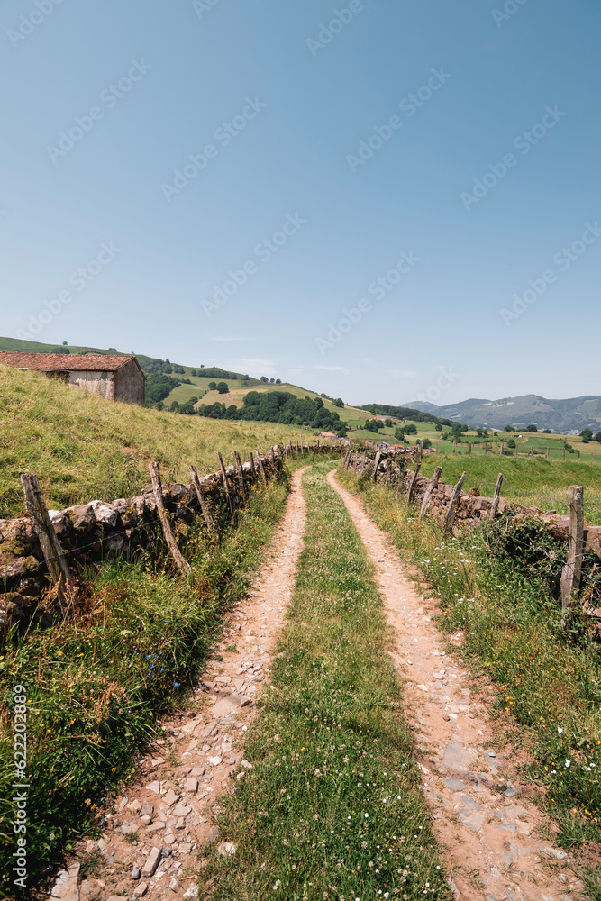 Rural track or road with stone walls and a farmhouse in the beautiful and green rural valley of Baztan on a sunny summer day in the north of Navarra, Euskal Herria Rural track or road with stone walls and a farmhouse in the beautiful and green rural valley of Baztan on a sunny summer day in the north of Navarra, Euskal Herria