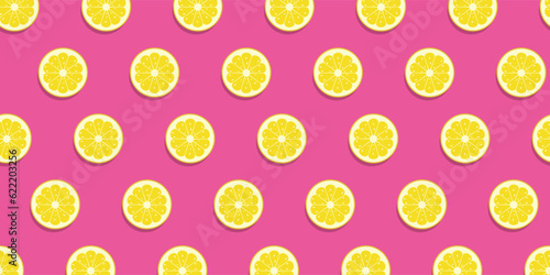 Lemon slices pattern on pink background. Pink lemon slices pattern, seamless repeating background.Summer pattern. citrus fruit Vector illustration