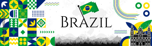 Brazil Independence Day abstract banner design with flag and map. Flag color theme geometric pattern retro modern Illustration design. Green, Yellow and Blue flag color template.