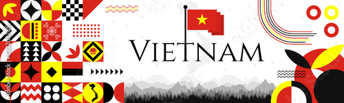 Vietnam Independence Day abstract banner design with flag and map. Flag color theme geometric pattern retro modern Illustration design. Red and Yellow flag color template.