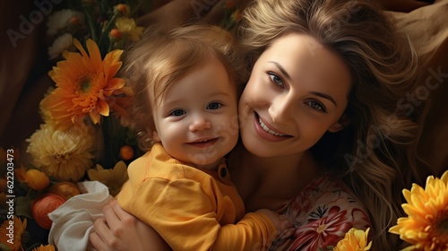Happy mother day fun adorable lovely woman wearing casual clothes with child kid