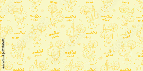 Seamless pattern of mulled wine cocktail in special glass. Hand drawn doodle style vector contour winter christmas holiday background and texture