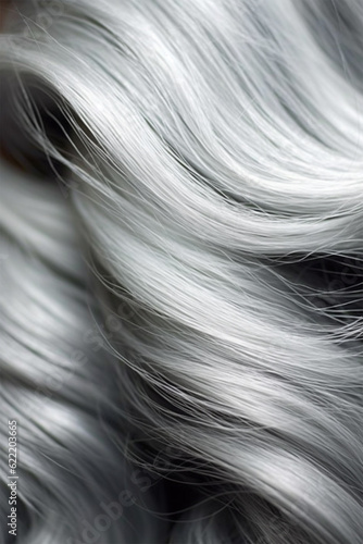A closeup view of a bunch of shiny straight gray hair in a wavy curved style.social media content for beauty salons. hair dye color in the catalog. Generative AI