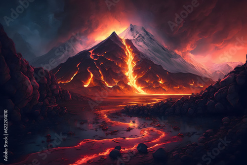 A Breathtaking Mountain Landscape With A Fiery Volcanic
