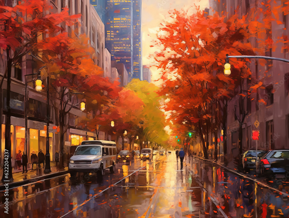 Urban autumn landscape with skyscrapers and architecture. Street of the evening city in the season of leaf fall. A European modern city after an autumn rain. Digital painting. AI Generated