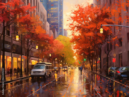 Urban autumn landscape with skyscrapers and architecture. Street of the evening city in the season of leaf fall. A European modern city after an autumn rain. Digital painting. AI Generated