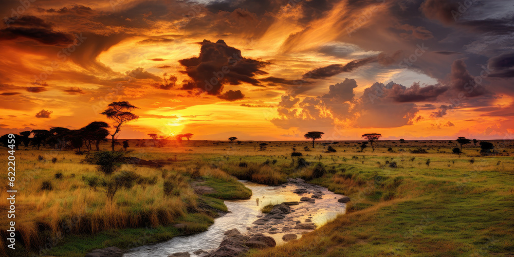 African savannah view at sunset. Generative AI
