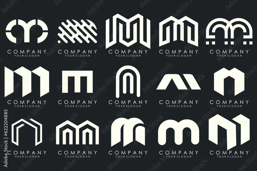 Set of letter M logo design vector. Collection of modern M letter design in white.