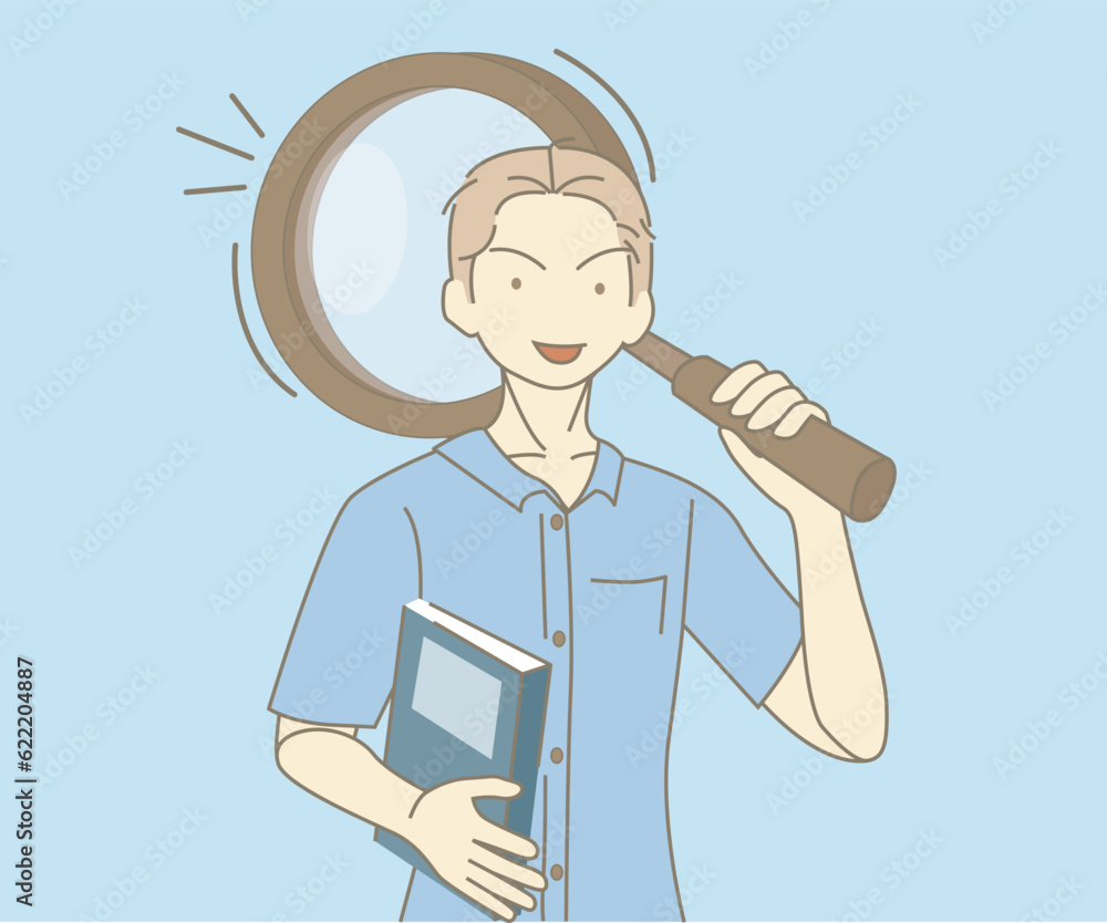 Man holding a book and a magnifying glass. Hand drawn style vector design illustrations Man holding a book and a magnifying glass. Hand drawn style vector design illustrations