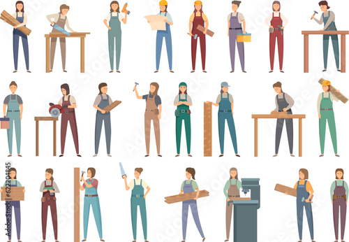 Woman carpenter icons set cartoon vector. Art work. Worker person