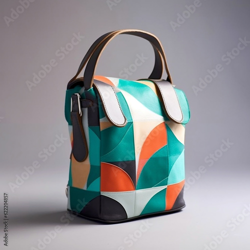 Luxurious turquoise leather bag with geomerty print on gray background. Generative AI photo