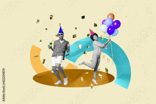 Fototapete Composite collage image of excited youth people young man female dancing party d