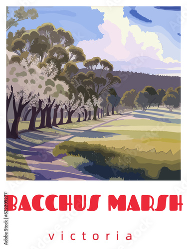 Bacchus Marsh: Retro tourism poster with a Australian landscape and the headline Bacchus Marsh / Victoria