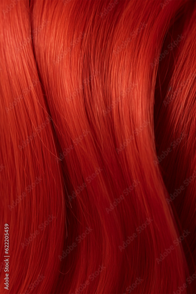 Naklejka premium Close-up of a bunch of shiny straight hair dyed in bright red. direct pigments in hair coloring. social media content for beauty salons. hair dye color in the catalog.Generative AI