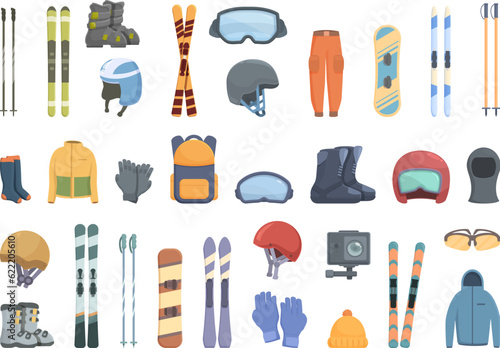 Ski equipment rental icons set cartoon vector. Winter travel. Snow sports