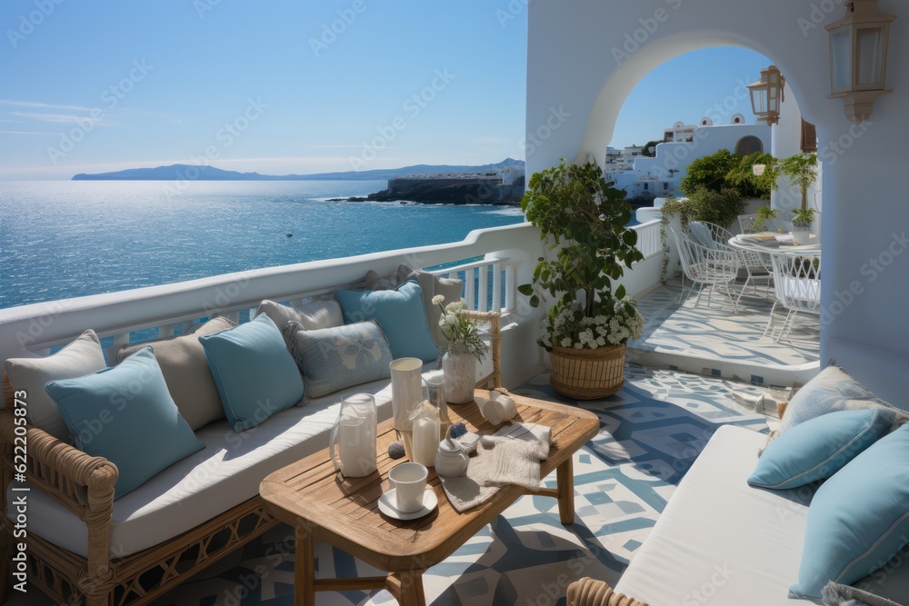 Close-Up of Luxurious lounge on a Traditional Greek Island Terrace with a Stunning Sea View.