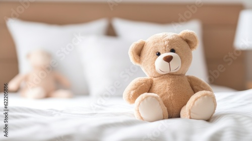 Smiling brown fluffy teddy bear sitting on cozy bed. © Pro Hi-Res