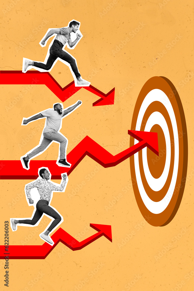 Fototapeta premium Poster picture collage of crazy motivated guys reach finance economy results dream increase income isolated on drawing background