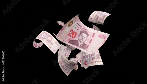 Money stack. Tunisian twenty dinars bills. Falling money isolated, dinar bill black background 3d render photo