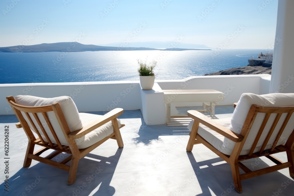 Luxurious Mediterranean Living Room with a Close-Up of Deck Chairs on a Sunny Balcony Overlooking the Sea.