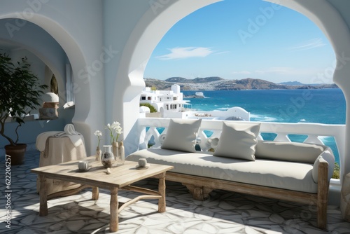 Fotografija Luxurious Mediterranean Living Room with a Close-Up of Deck Chairs on a Sunny Balcony Overlooking the Sea