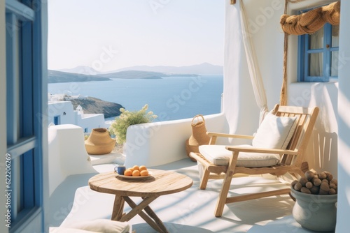 Fototapete Luxurious Mediterranean Living Room with a Close-Up of Deck Chairs on a Sunny Balcony Overlooking the Sea