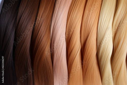 assortment of hair for hair extension procedure. types of materials, color and quality for the presentation of the service. Toning of different shades of the background of the strands. Social media